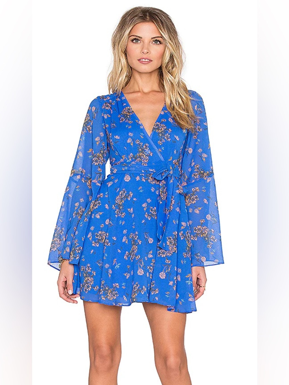 Free People Blue Floral Mini Wrap Dress (M)